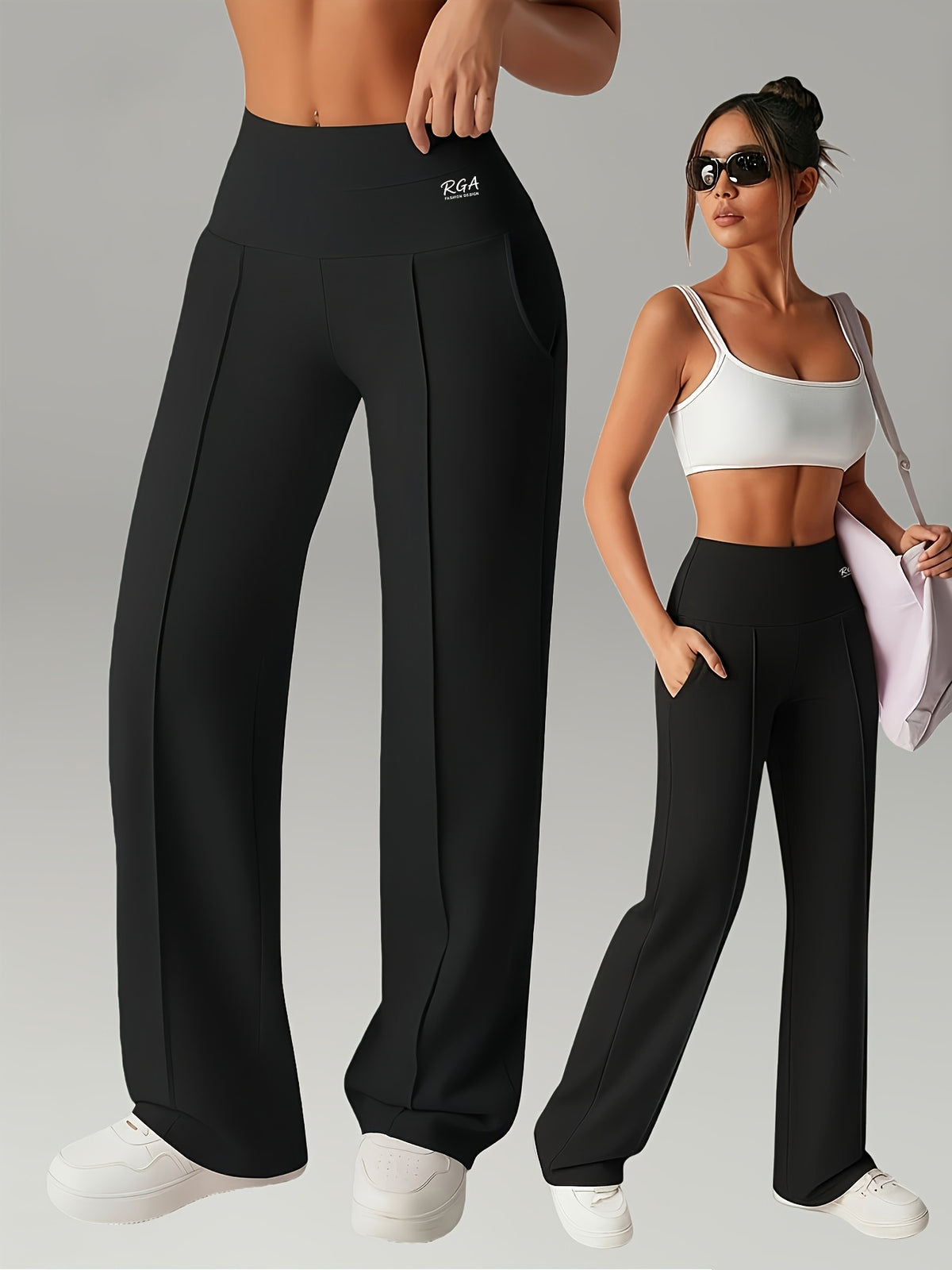 Women's High-Waisted Straight-Leg Casual Pants with Elastic Waist