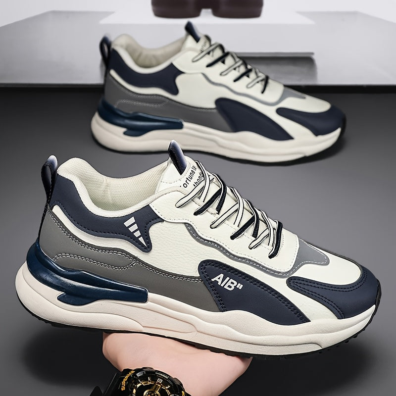 Men'S Fashion Sneakers, Casual Sports Shoes, All-Season Lace-Up Low Top, PU Upper, Fabric Lining, Rubber Sole, EVA Insole, Round Toe, with Trendy Thick Sole for Hiking, Outdoor, Daily Wear