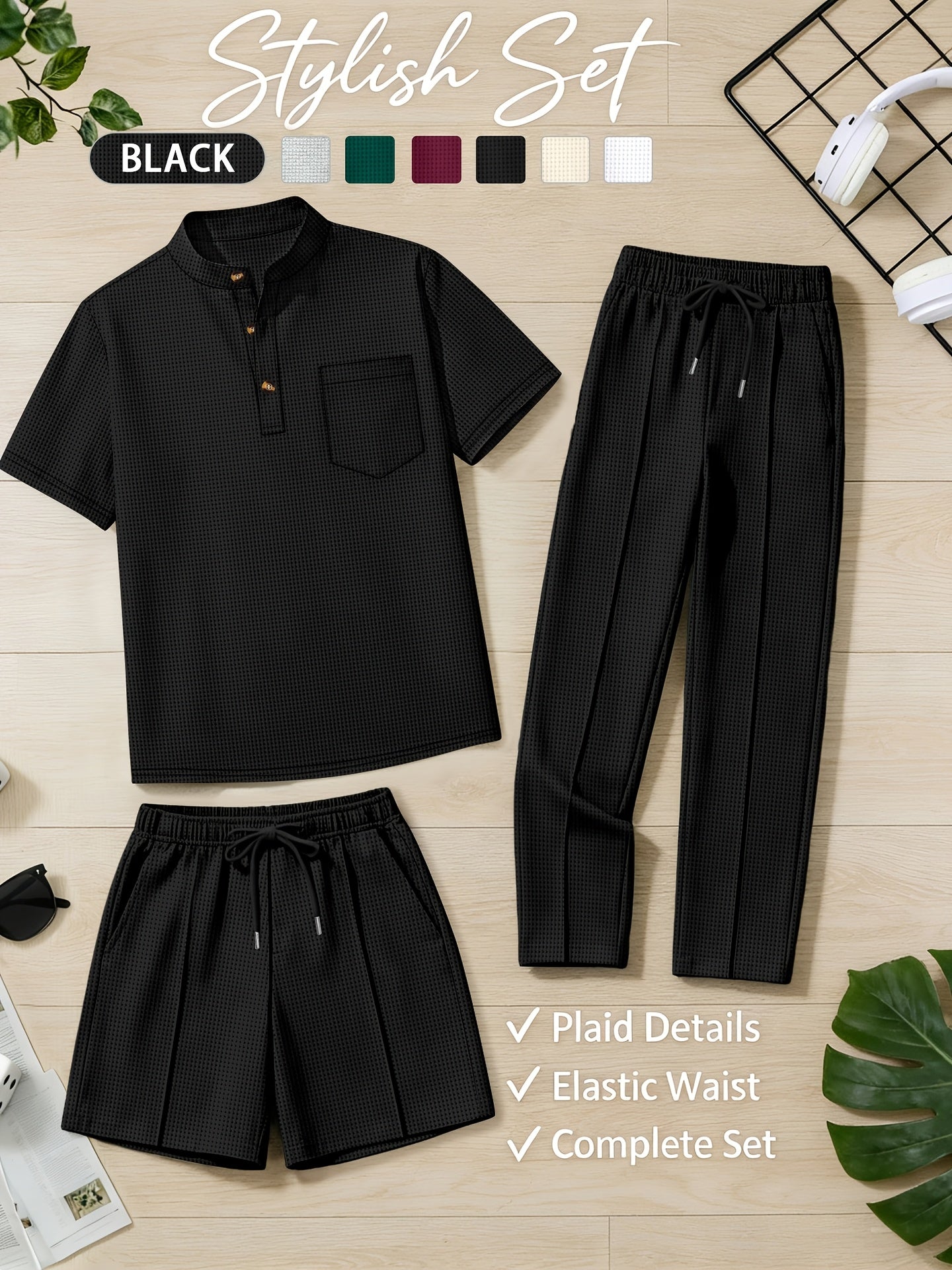 Men's Casual Stand Collar Shirt & Elastic Waist Shorts Set