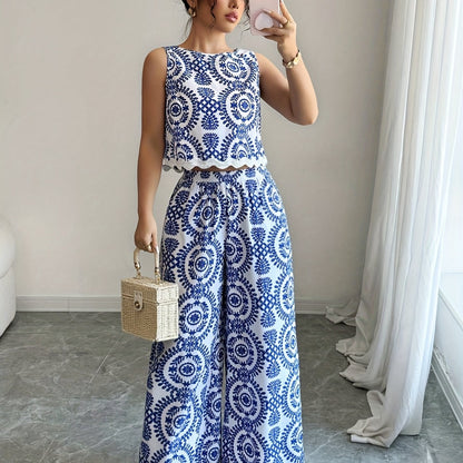 2pcs Women's Plant Pattern Round Neck Sleeveless Top and Pants Set