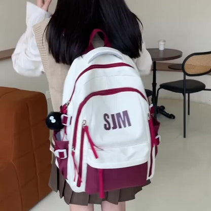 Stylish Unisex Nylon Backpack - Durable Casual Travel  School Bag with Adjustable Straps, White  Blue Design, Lightweight and Spacious for Everyday Use, School Backpack   Contrast Strap Design   Polyester Lined, Travel Back