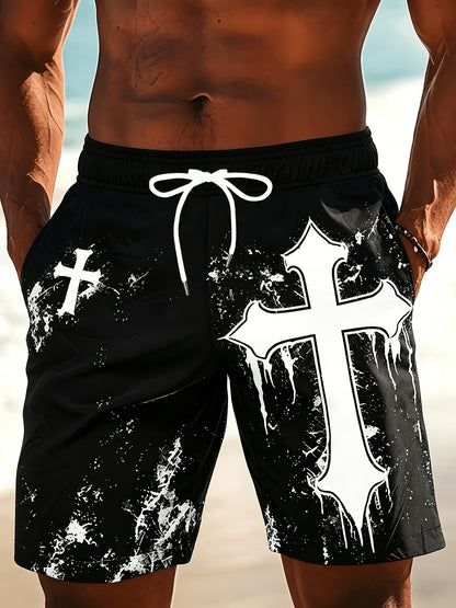 Men's Casual Beach Shorts with Cross Pattern and Drawstring