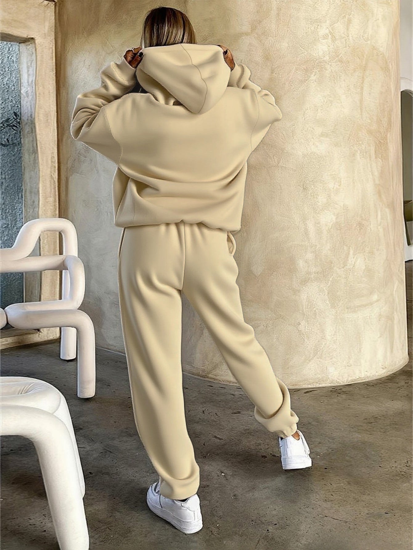 New Arrival Gray Print Women's Hooded Drawstring Sweatshirt and Pants Set, Autumn/Winter Warm Long-Sleeve Pullover with Hat, Machine-Washable Polyester, Versatile Outfit