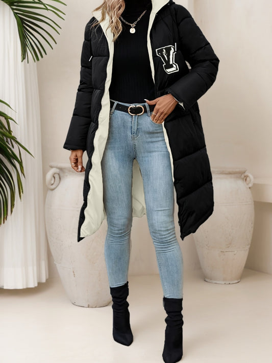 Women's Elegant Long Hooded Coat - Solid Black & White Zip-Up Winter Jacket with Logo, Machine Washable Polyester, Perfect for Fall and Winter Layering, Winter Coat