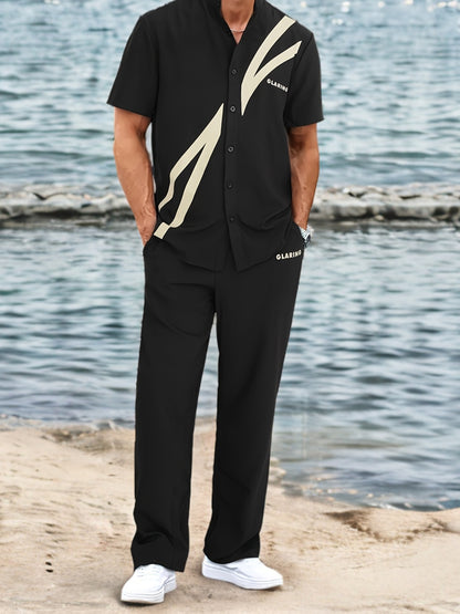 Men'S Casual Summer Short Sleeve Shirt & Pants Set - Black with White Geometric Print, Button-Up Collared Shirt & Loose Fit Pants, Non-Stretch Fabric, Perfect for Spring/Fall, Spring Summer Outfit | Geometric Print Shirt | Bu