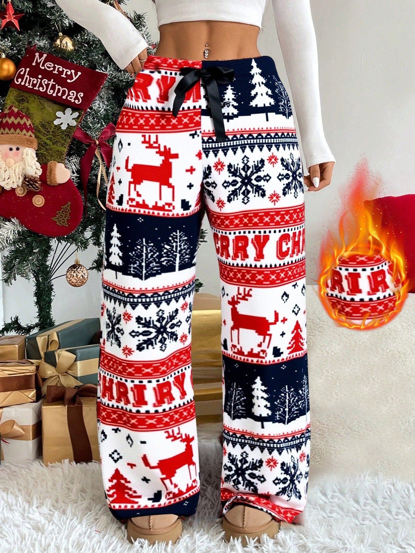 Women'S Winter Warmth Pants - Cozy Fleece-Lined Wide-Leg Trousers with Elastic Waist & Cuffed Hem, Red & Snowflake & Reindeer Print, Bohemian Style For Cold Weather, Winter Pants, Cold Weather Apparel, Soft Fabric Trousers, L