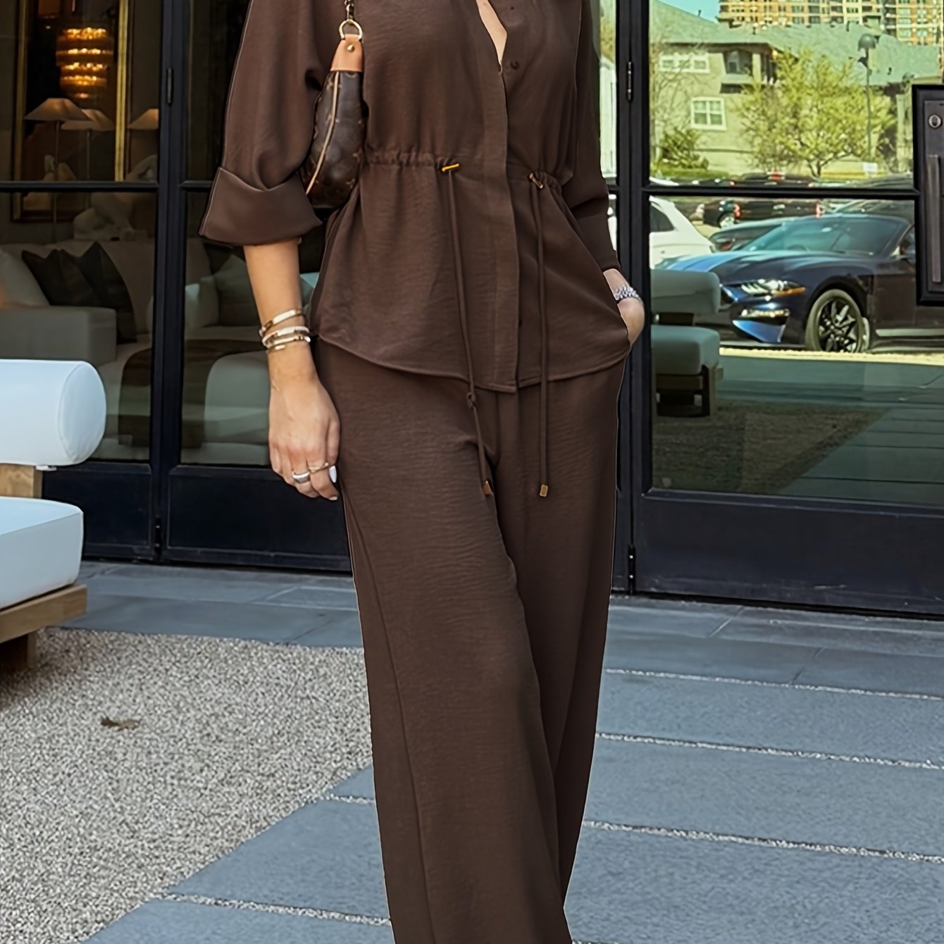 Women'S Spring And Autumn Solid Color Casual Minimalist Button-Up Shirt with Waist Drawstring Design And Vintage French Style Long Sleeves, Paired with Wide-Leg Pants in a Two-Piece Set - ayq