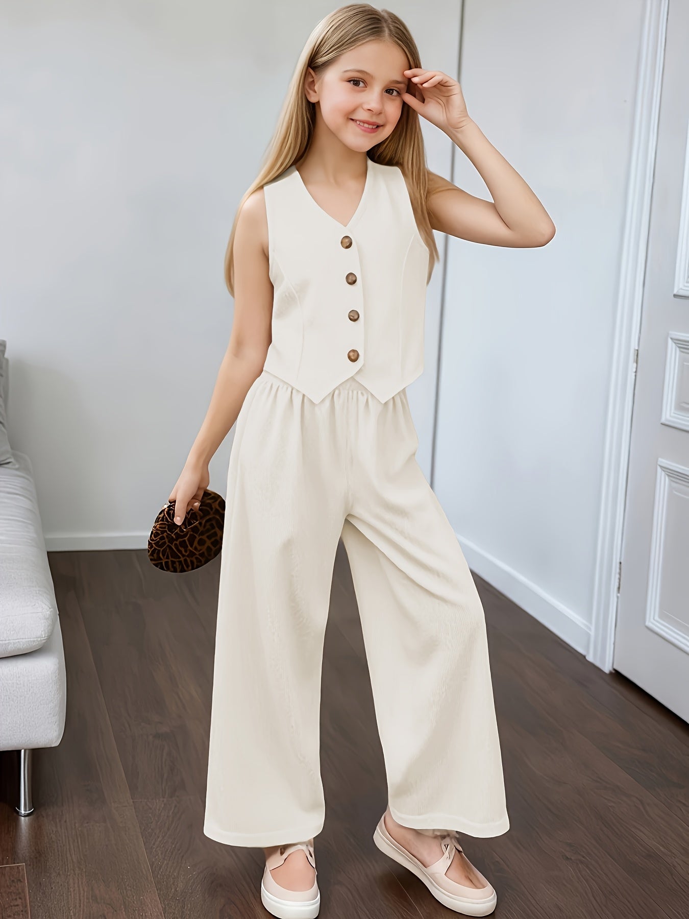 Girls' Summer Sleeveless Vest & Wide Leg Pants Set