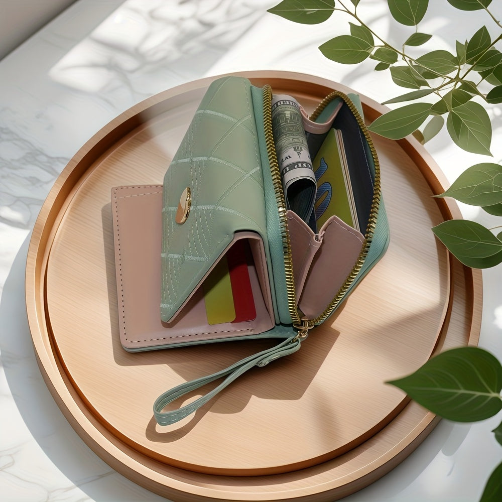 Fashion Rhombus Heart Pattern Tri-Fold Multi-Card Slot Zippered Compartment Multi-Functional Portable Mini Women's Wallet