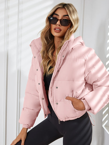 Stand Collar Pockets Puffer Jacket, Casual Drawstring Long Sleeve Jacket For Winter, Women's Clothing