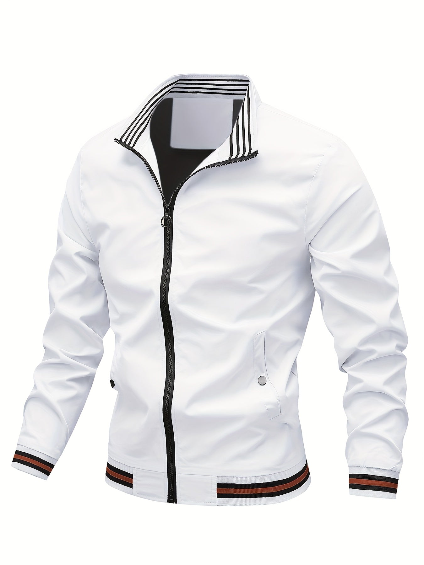 Men's Stand Collar Long Sleeve Zip Up Sports Jacket With Contrast Trim Design, Men's Spring Fall Outwear, As Gifts