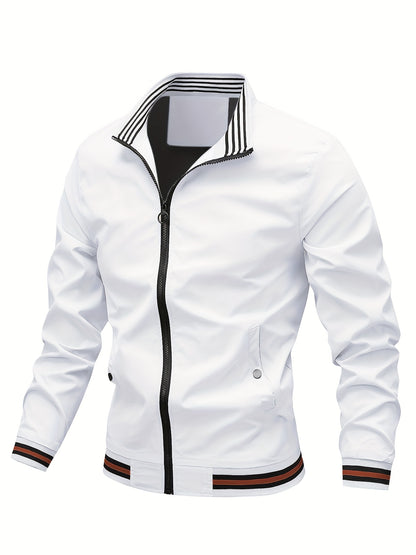 Men's Stand Collar Long Sleeve Zip Up Sports Jacket With Contrast Trim Design, Men's Spring Fall Outwear, As Gifts