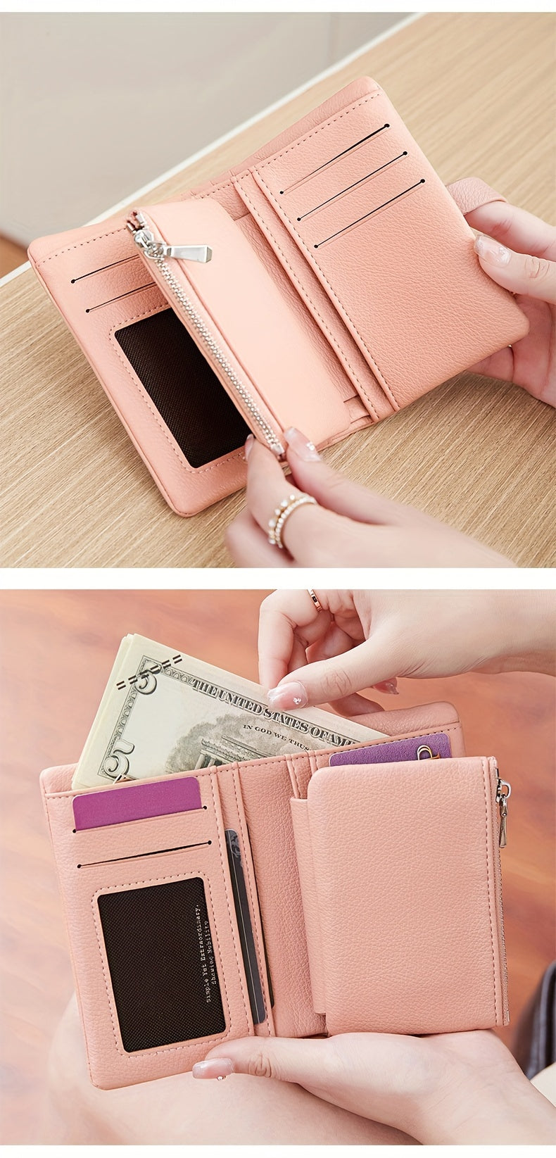 A Compact Trifold Wallet Made of Soft PU in a Solid Color, Featuring Metal Accents. It Includes a Zippered Coin Pocket, Card Slots, And an ID Window, Suitable for Credit Cards, ID Cards, Cash, And Coins. This Modern, Lightwei