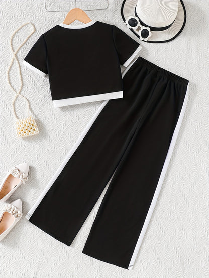 Girls' Spring/Summer Elegant Pearl Button Top & Contrast Pants