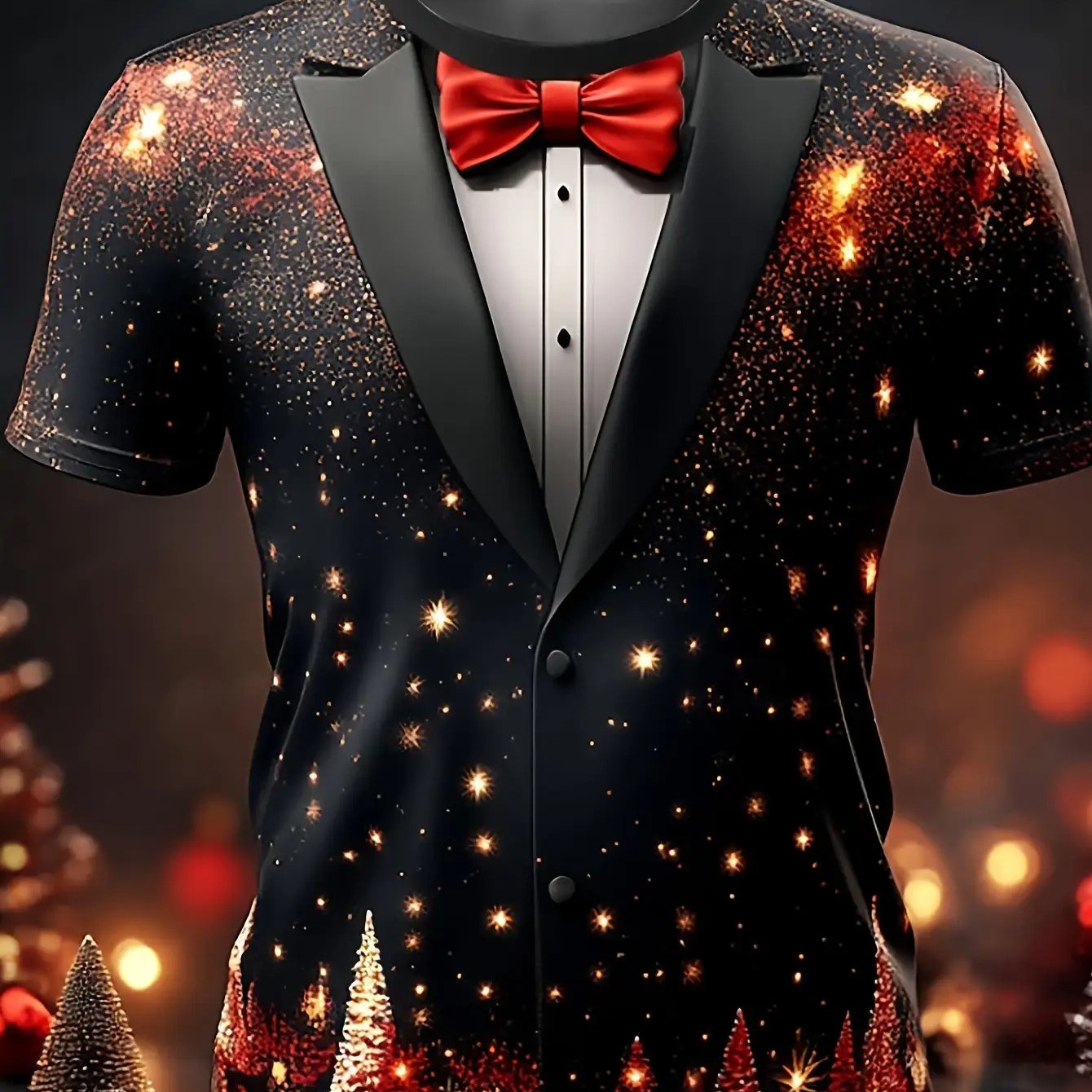 Men's Black & Golden Glittering Fireworks Print Tuxedo-like Party Shirt - 100% Polyester Knit, Slightly Stretchy Round Neck Short Sleeve, Plus Size Available - Machine Washable Holiday Party Outfit for New Year's Eve, Christm