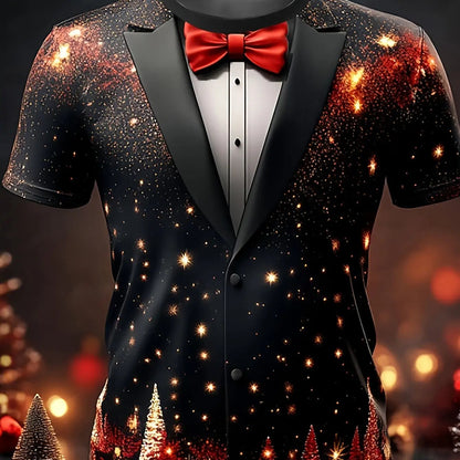 Men's Black & Golden Glittering Fireworks Print Tuxedo-like Party Shirt - 100% Polyester Knit, Slightly Stretchy Round Neck Short Sleeve, Plus Size Available - Machine Washable Holiday Party Outfit for New Year's Eve, Christm