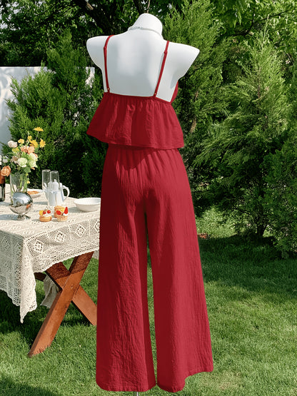 Women's Elegant Solid Color Camisole & Multi-Layer Skirt Shorts Set