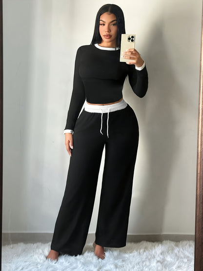 A Two-Piece Set Featuring a Sexy Color-Block Round-Neck Long-Sleeve T-Shirt Paired with High-Waisted Belted Trousers - ayq
