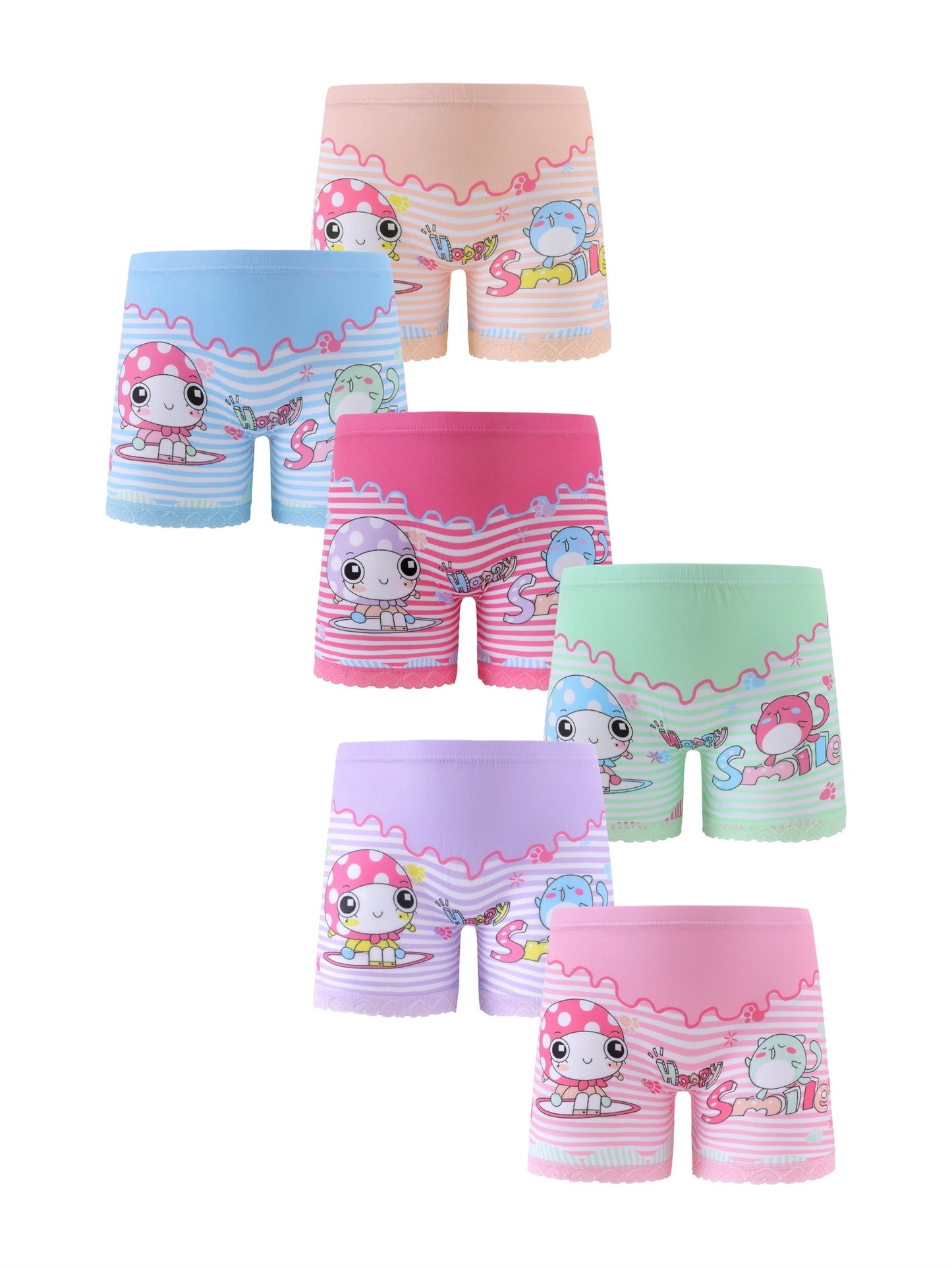 Girls' Breathable Cartoon Print Lace Boyshort Underwear - 6 Pack