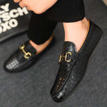 Men's Slip-On Loafers - Black  Tan Casual Shoes with Golden-Tone Metal Accents, Round Toe Comfort, All-Season Versatile for Office  Social Events, Casual Attire, Elegant Style, Premium Material, Modern Gentlemen