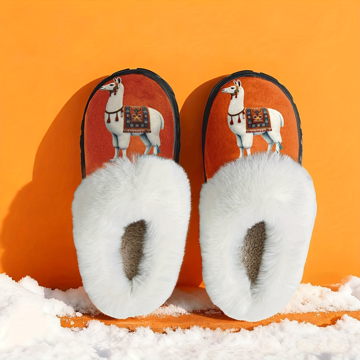 Unisex Winter Print Snow Slippers - Round Toe Warm /Outdoor House with Alp for men & Women, Cozy Sole & Soft Fabric Upper, Ideal Christmas/New Year Gift (Orange Animal Design)