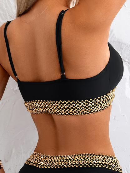 Women’s Split Bikini Set with Bandage Top & Pleated Drawstring Shorts