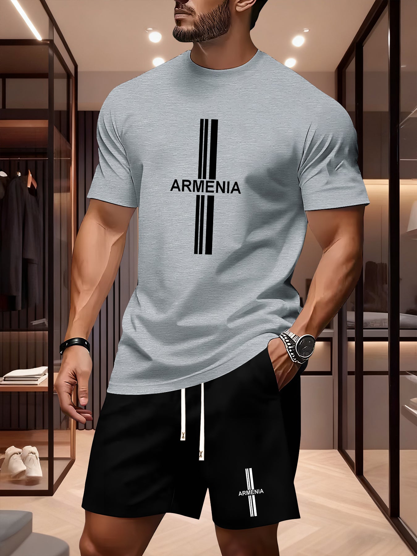 Men's Summer Casual Sport Set with White Striped Design