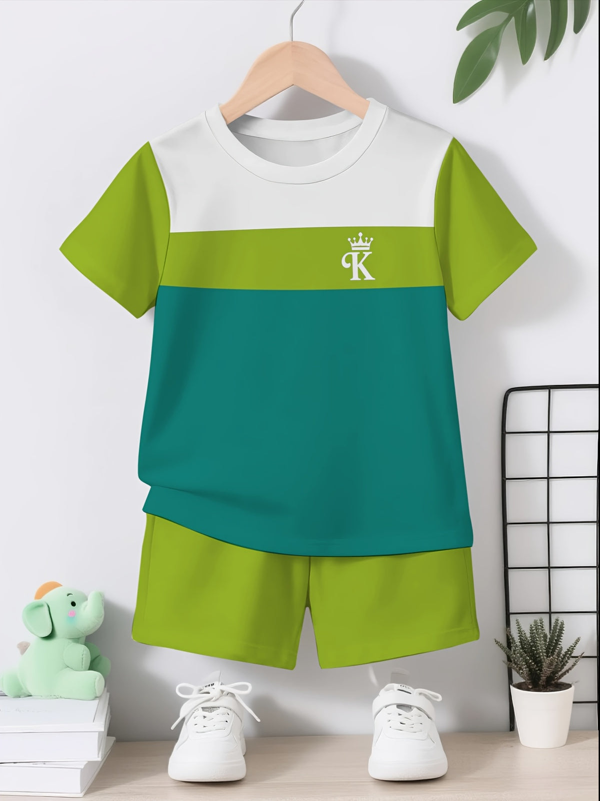 Boys' Casual Summer Short Set with Crown Letter K Print