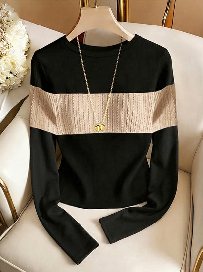 Women's Elegant Color-Block Crew Neck Long Sleeve Top