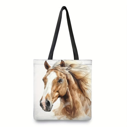 Dynamic Horse Print Handbag - Large Capacity, Durable Polyester Handbag with Fixed Black Strap for Work,, Shopping - 39.98x34.9cm