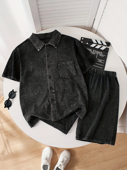 Boys' Casual Lapel T-Shirt & Shorts Set for Spring-Summer
