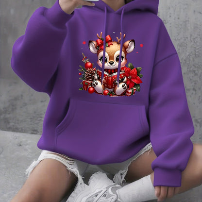 Women's Fashion Autumn/Winter Christmas Reindeer Print y Casual -Lined -Feel Hooded Sweatshirt