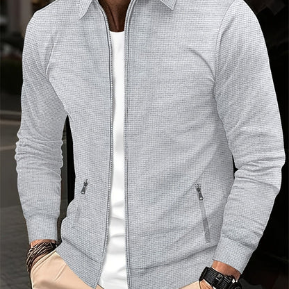 Men'S Lightweight Waffle Knit Long Sleeve Zip-Up Jacket - Breathable Golf & Running Top with Pockets, Casual Sporty Design for Outdoor Activities, Spring/Fall, Golf Jacket, Active Lifestyle Apparel, Classic Collar Style, Dura