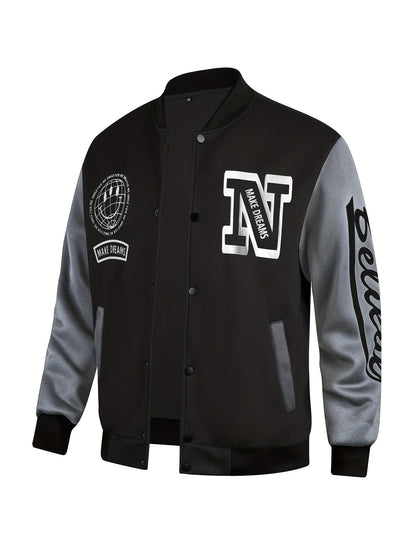 Men's Letter Print Contrast Color Baseball Jacket