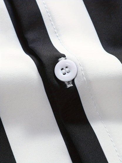 Men's Outfit, Casual Striped Lapel Short Sleeve Button Up Shirt & Drawstring Pants 2-piece Set For Outdoor Activities
