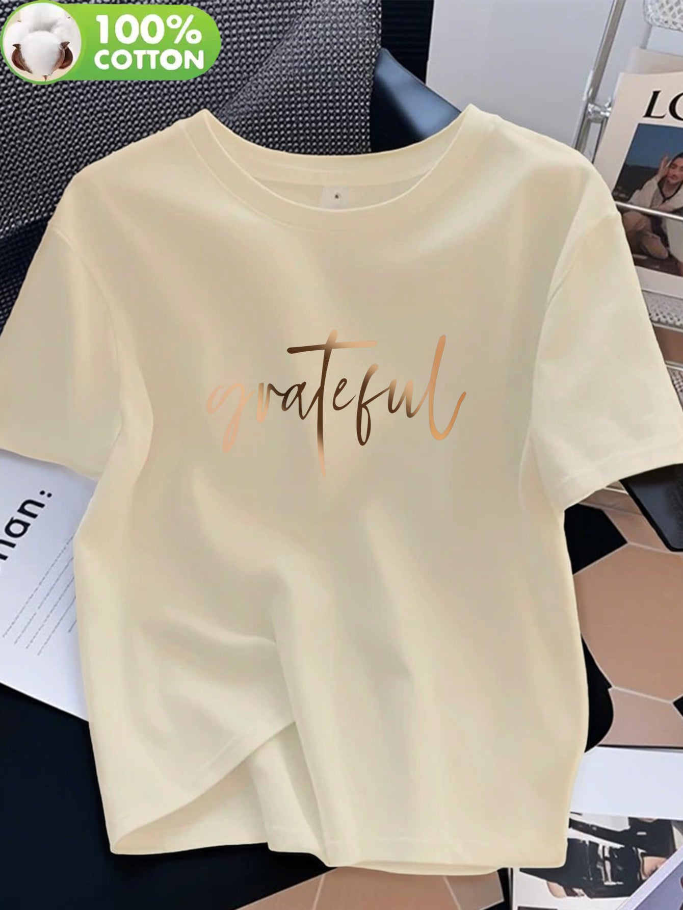 Women's 100% Cotton Casual T-Shirt with 'Grateful' Print