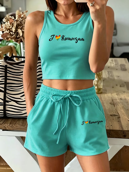 Women's Casual Two-Piece Vest and Shorts Set with Drawstring