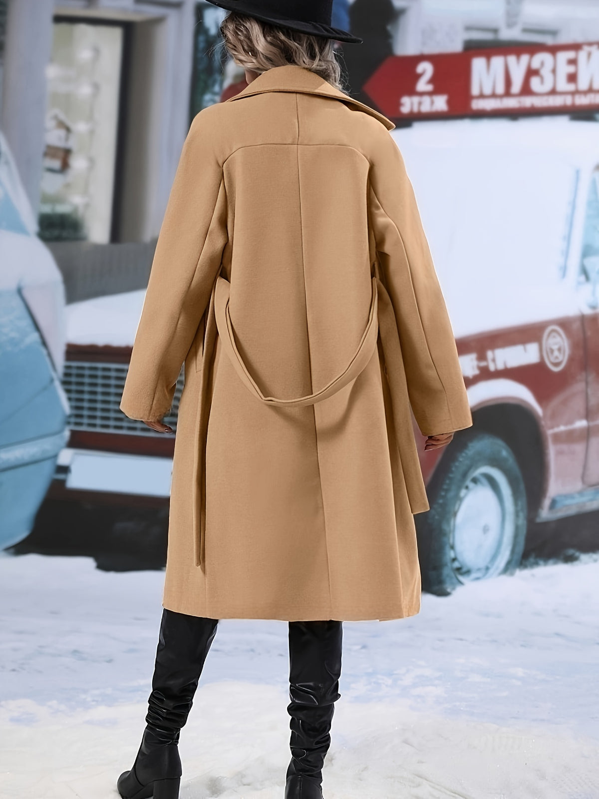 Women's Elegant Double-Breasted Tweed Overcoat with Tie Belt
