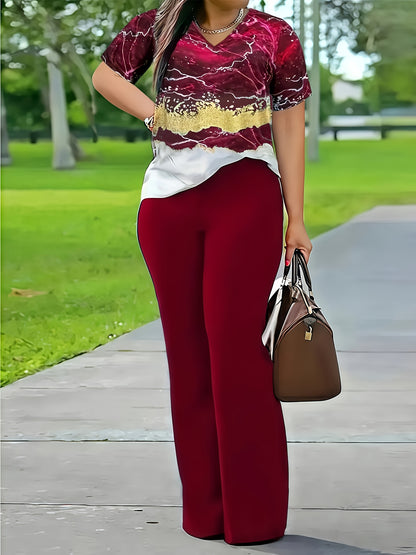 Xi Jun Bamboo Premium Casual Elegant V-Neck Printed Short Sleeve T-Shirt and Pants Two-Piece Set