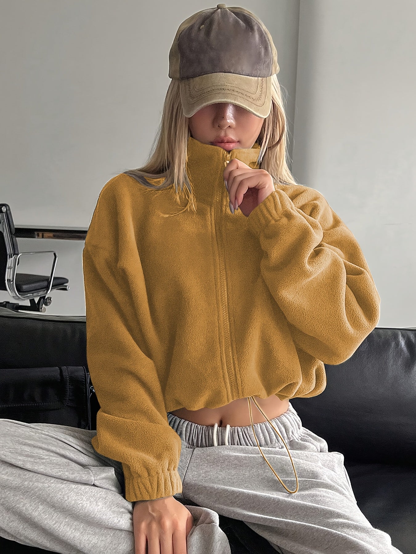 Women'S Casual Zippered Front Drawstring Hem Jacket - High-Neck Long Sleeve with Pockets, All-Season Comfort, Machine Washable, Versatile for Casual Attire, Casual Wear Jacket | Highneck Jacket | Zippered Jacket