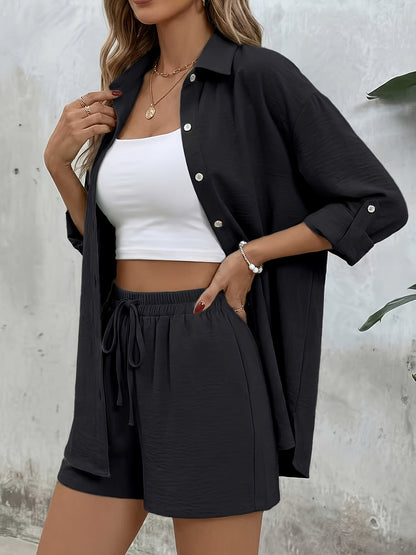 Women's Casual Long-Sleeve Shirt & High-Waist Shorts Set for Spring/Su