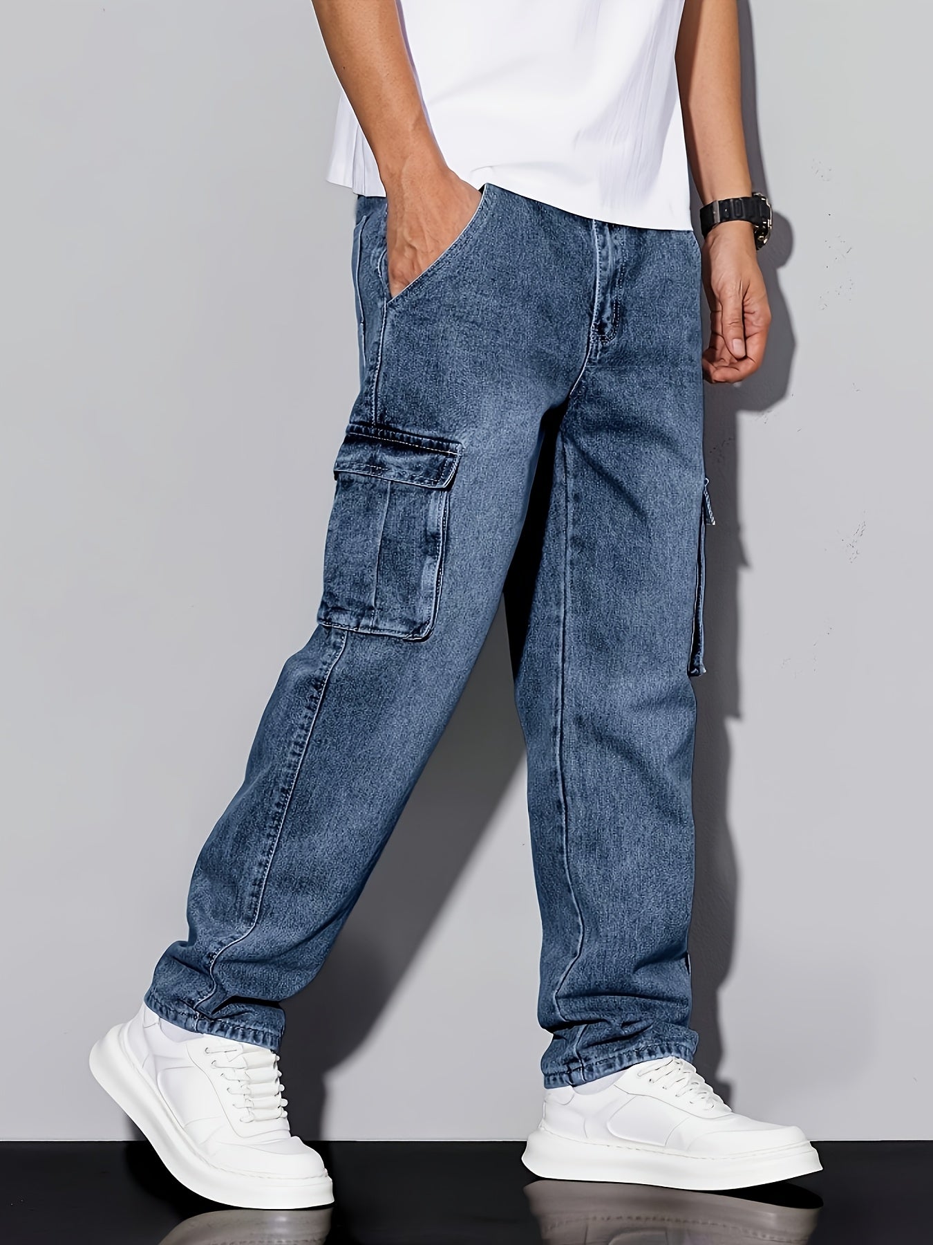 Youth Stretch Denim Work Pants with Multi-Pockets, Elastic Waist