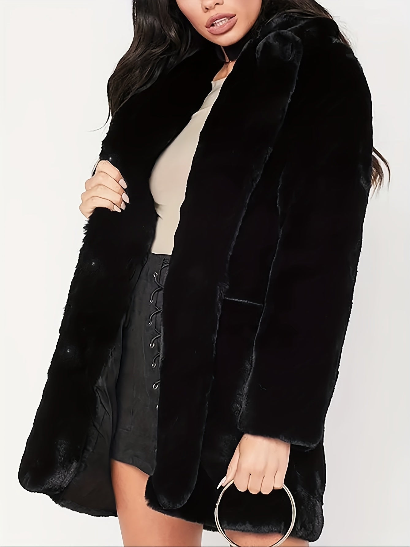 Women'S Elegant Long Coat - Winter Warmth, Chic Formal & Everyday Outerwear with Front Closure, All-Season Luxury Jacket for Cold Weather - Sophisticated Women'S Clothing, Ladies Winter Coats, Cold Weather Apparel, Plush Text