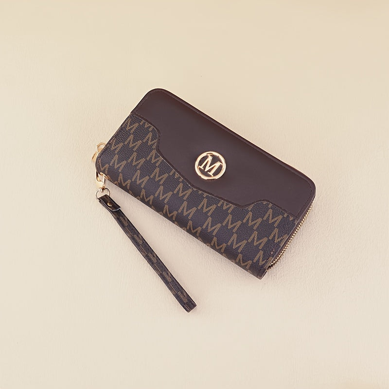 Women'S Elegant Patchwork Wallet & Wristlet Clutch - Large Capacity Double-Zip Coin Purse with Golden-Tone M-Logo, Golden-Tone Hardware & Wrist Strap