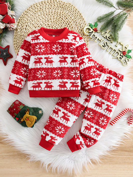 2pcs Girls' Cute Deer Print Fashionable Thick Flannel Set for Autumn/Winter, Soft and Comfortable Warm Outfit, Versatile Casual Attire with Outdoor Activities, Winter Clothing, Autumn Fashion, Stylish Kids' Wear, Playful Desi