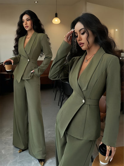 Women's Elegant Lapel Blazer & Wide-Leg Pants Fall Set