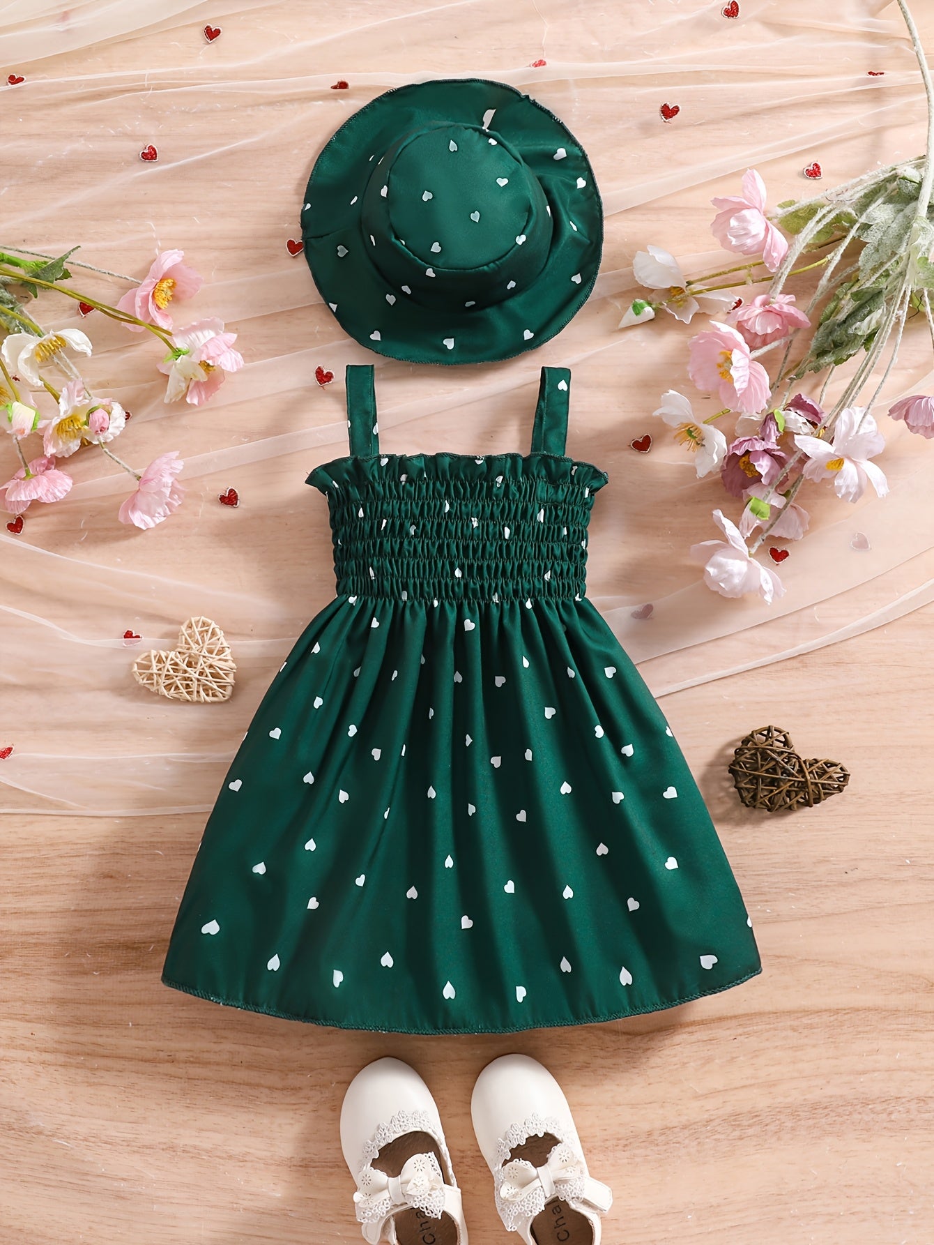 Girls' Sleeveless Heart-Print Dress & Hat Set for Summer 0-3 Years