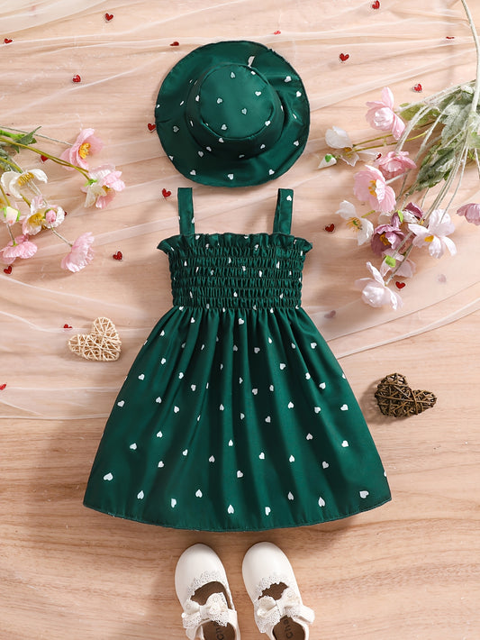 Girls' Sleeveless Heart-Print Dress & Hat Set for Summer 0-3 Years - ayq