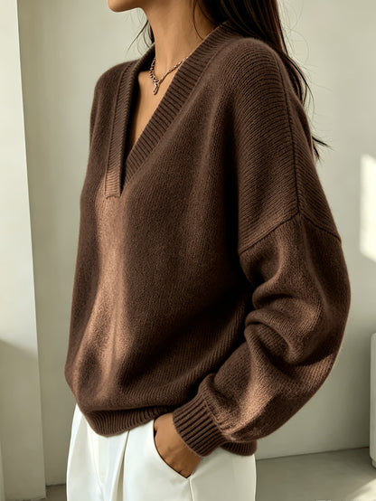 Plus Size Women's V-Neck Pullover Sweater with Double-Layer Collar