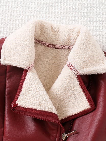 Baby Girl PU Leather Zipper Jacket with Lapel Collar